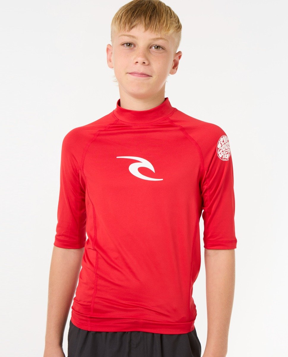 Rip Curl Brand Wave UPF Boys Short Sleeve Rash Vest - Red