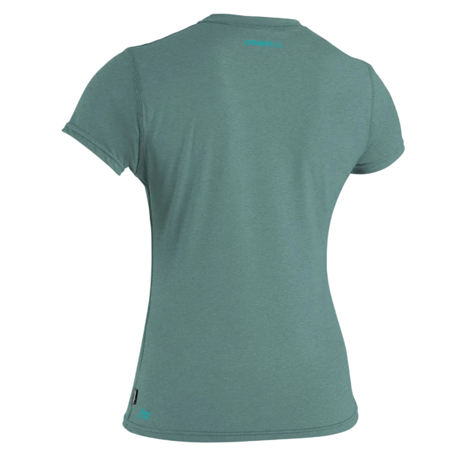 Back of womens sun shirt in green with turquoise logo on a white background.