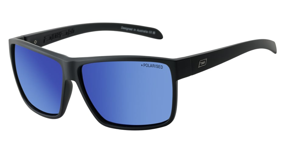 Dirty Dog Rackateer Sunglasses in Satin Black/Grey and Blue Mirror Polarised