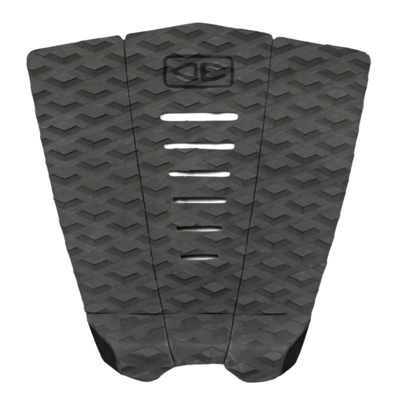 Washed black surfboard tail pad with geometric pattern on a white background.