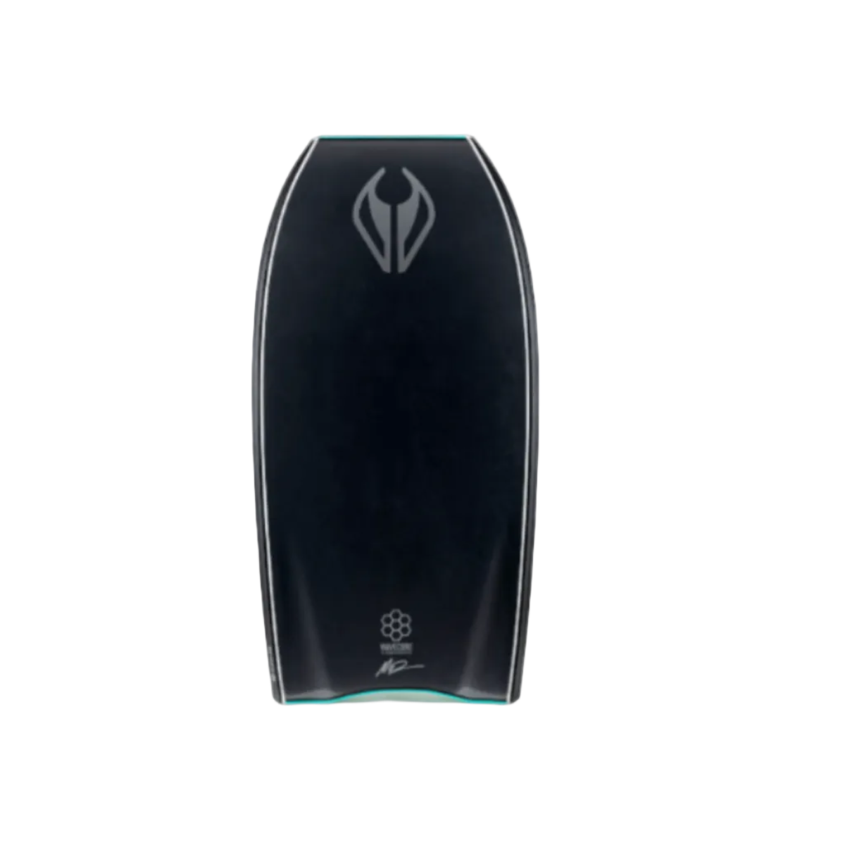 Bodyboard in black on a white background with a grey logo