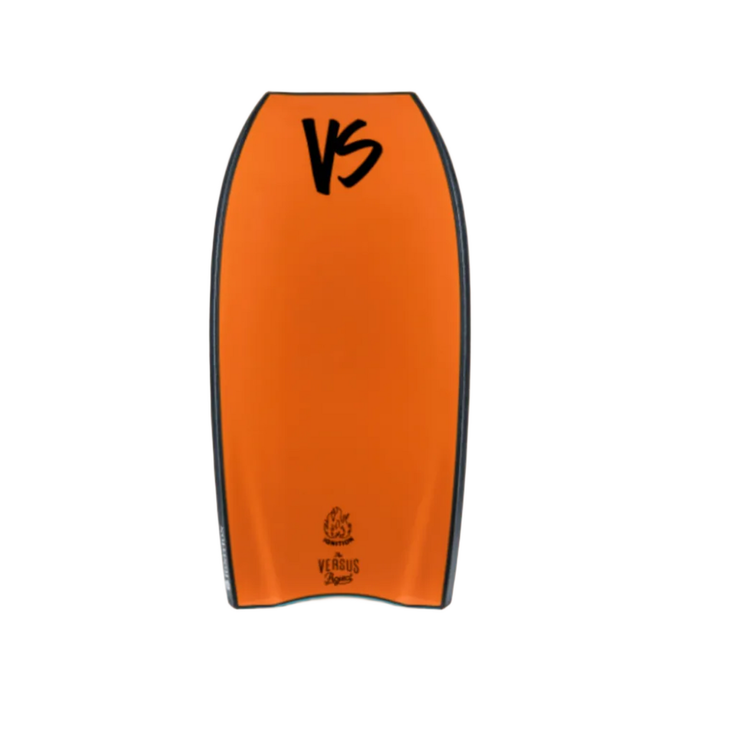 Back of a bodyboard in orange with a black logo and on a white background.
