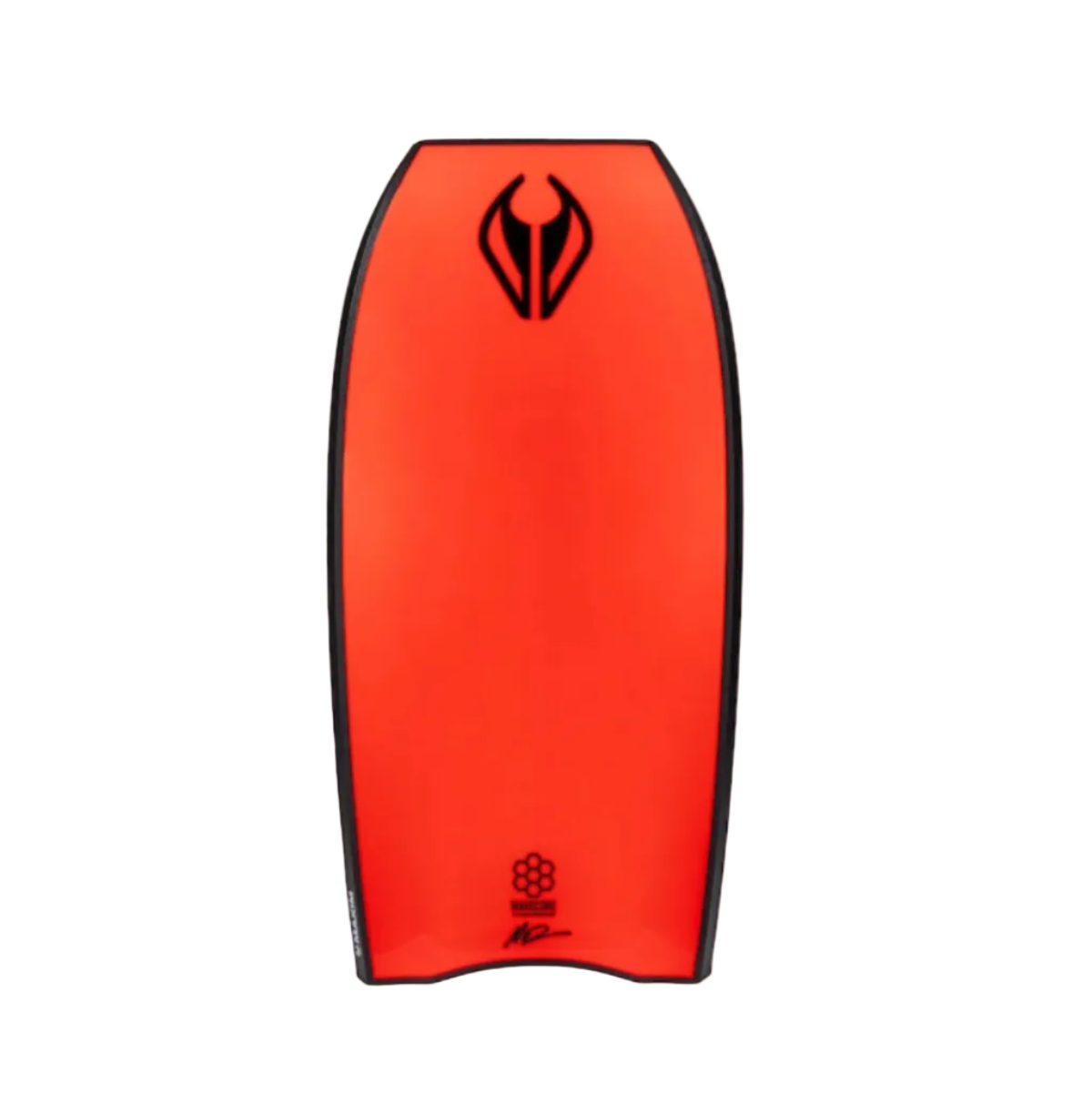 Back of the Maxim bodyboard in black with red logos on it on a white background