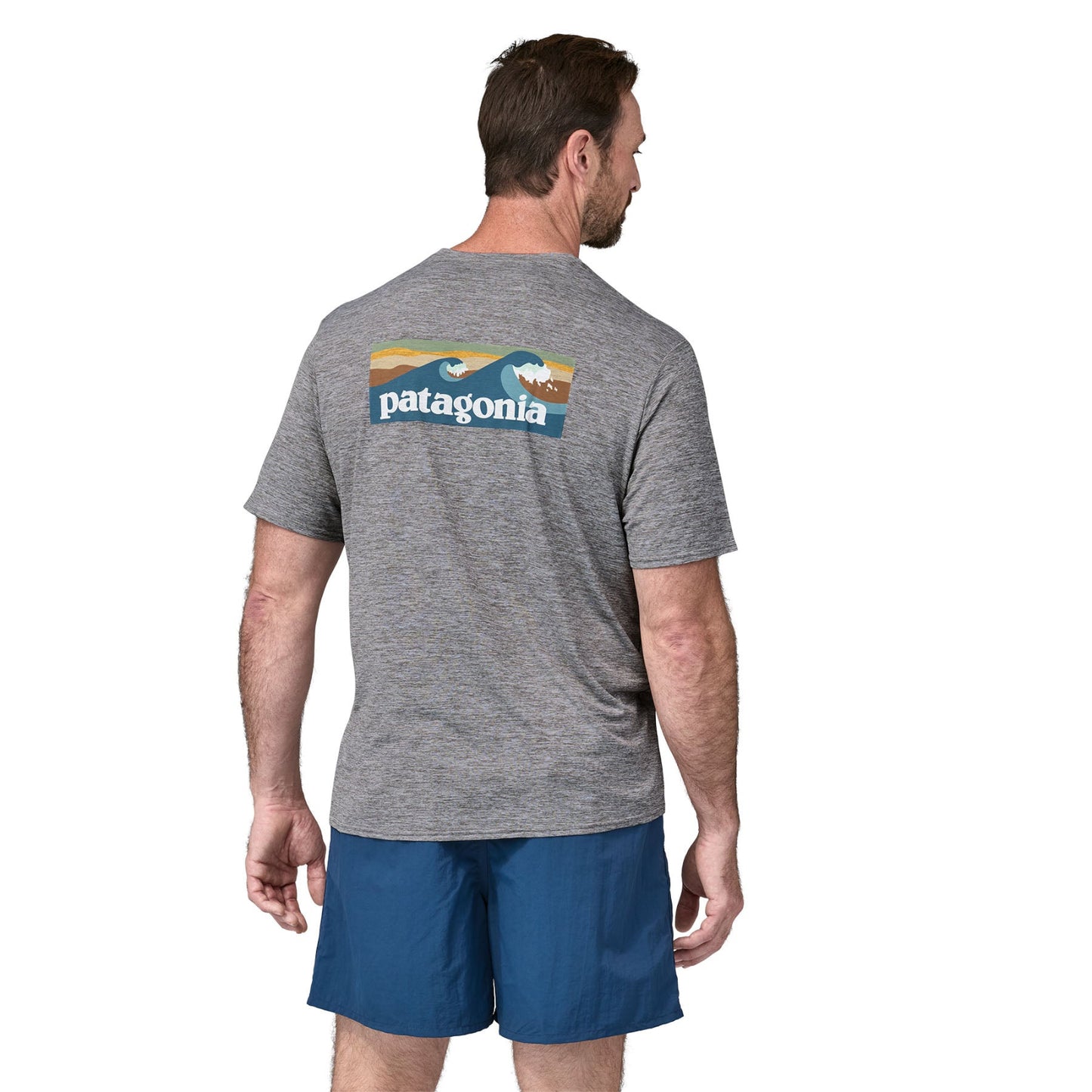 Patagonia Men's Capilene Cool Daily Waters Graphic Shirt - Boardshort Logo Abalone Blue: Feather Grey