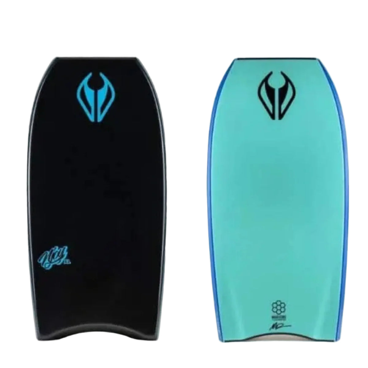 Front and back of a bodyboard on a white background