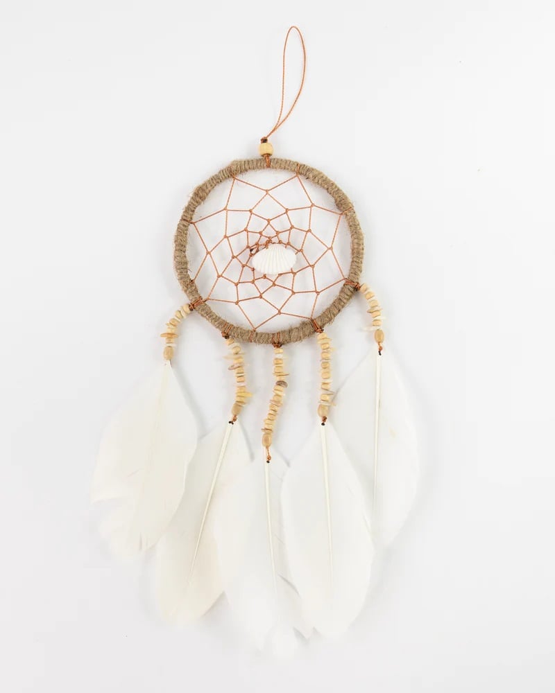 Pineapple Island Bead Feather Medium Dreamcatcher in Natural/White