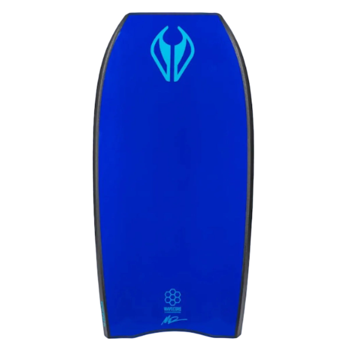 Blue bodyboard with a light blue logo on a white background.