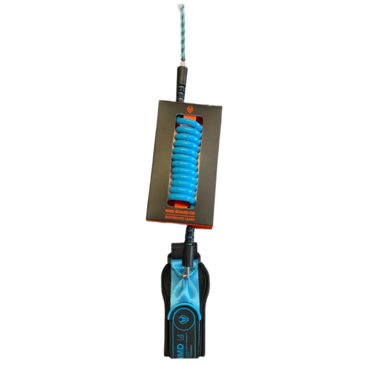 Body boarding leash in blue with a coiled design on a white background.