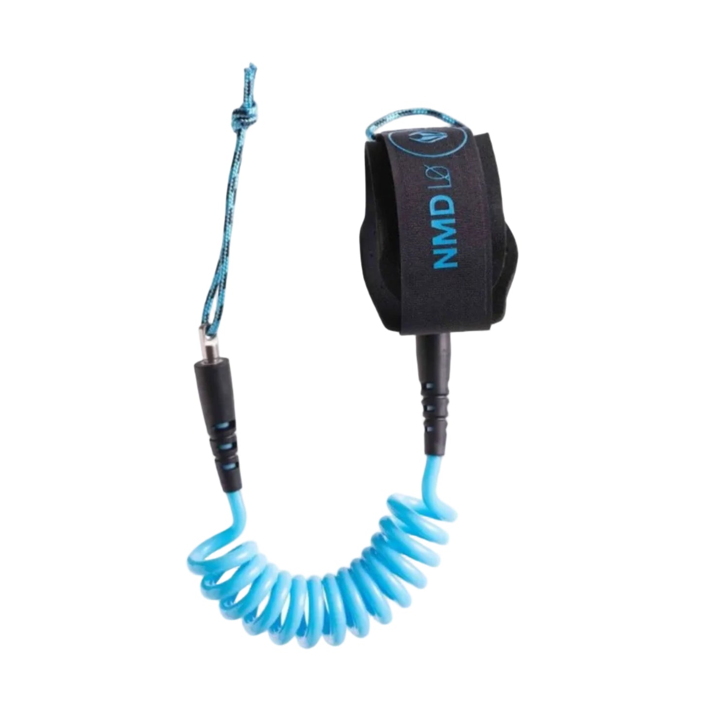 Bodyboarding wrist leash in black and blue on a white background.
