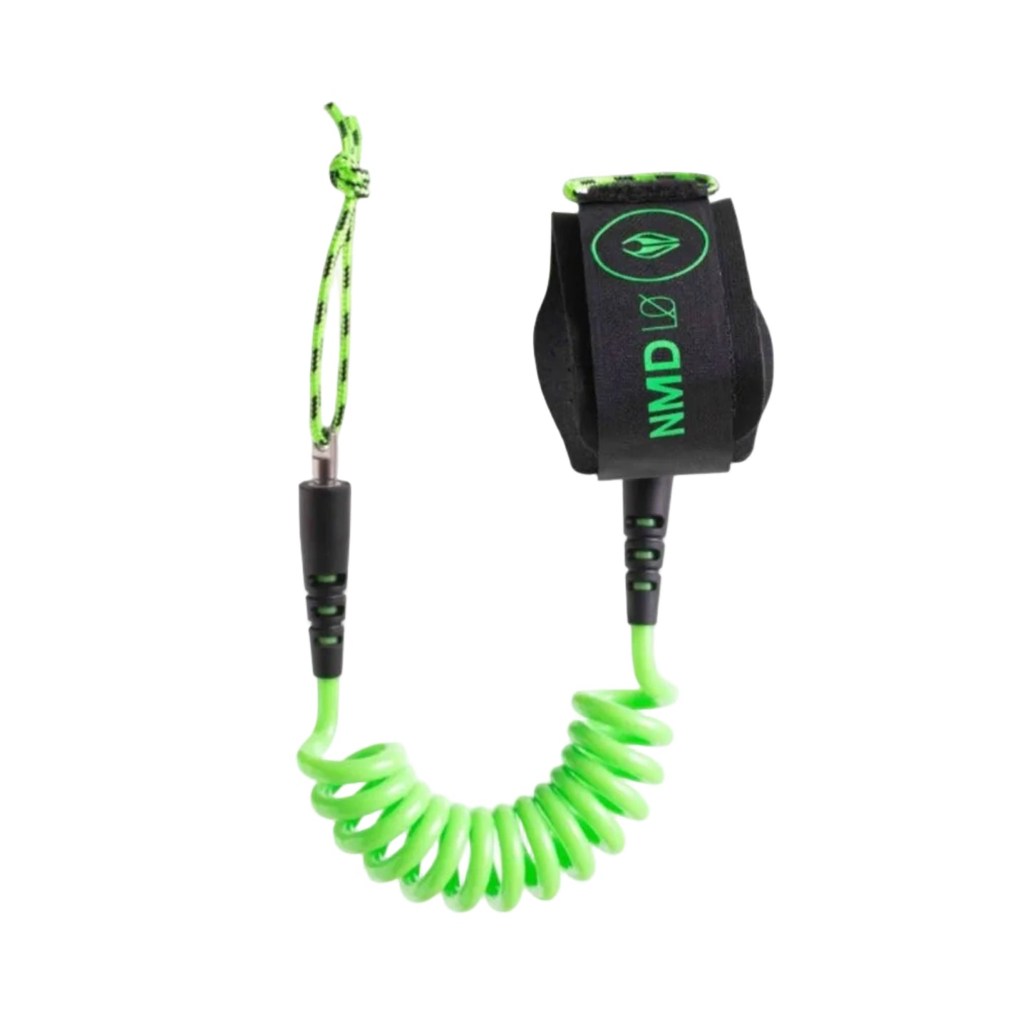 Black and green bodyboarding wrist leash on a white background.