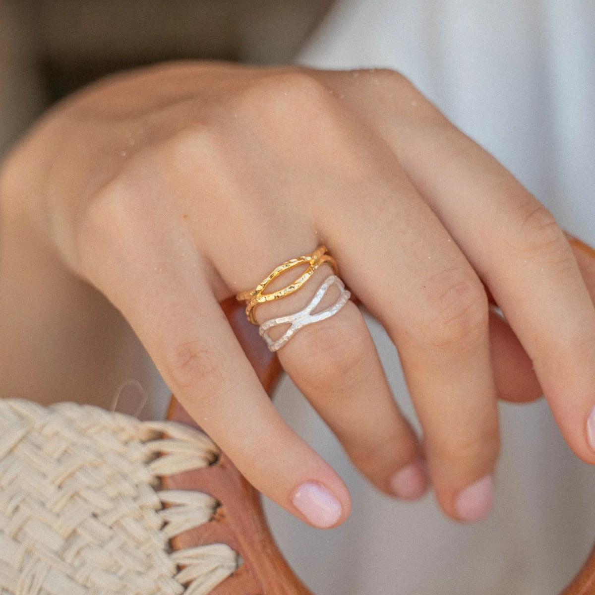 Pineapple Island Layered Deep Wave Adjustable Ring - Silver Plated