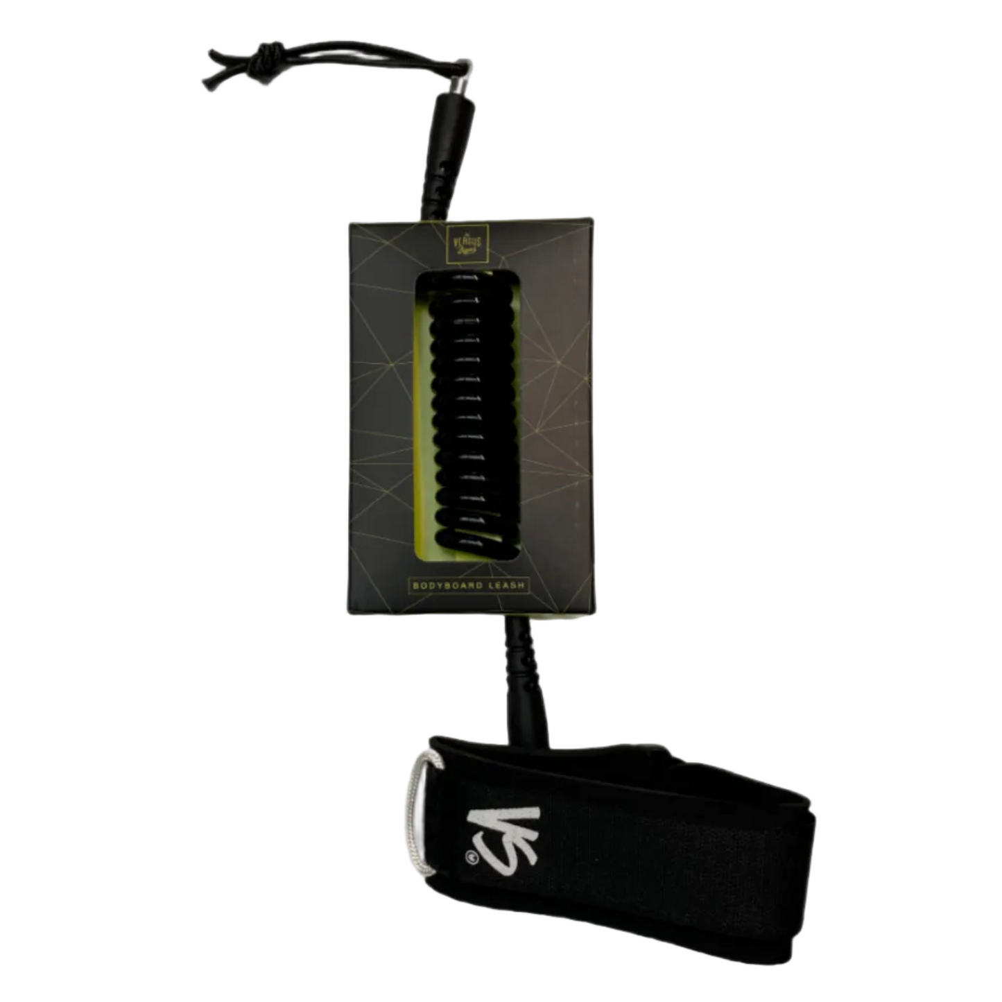 Coiled bodyboarding leash in black on a white background.