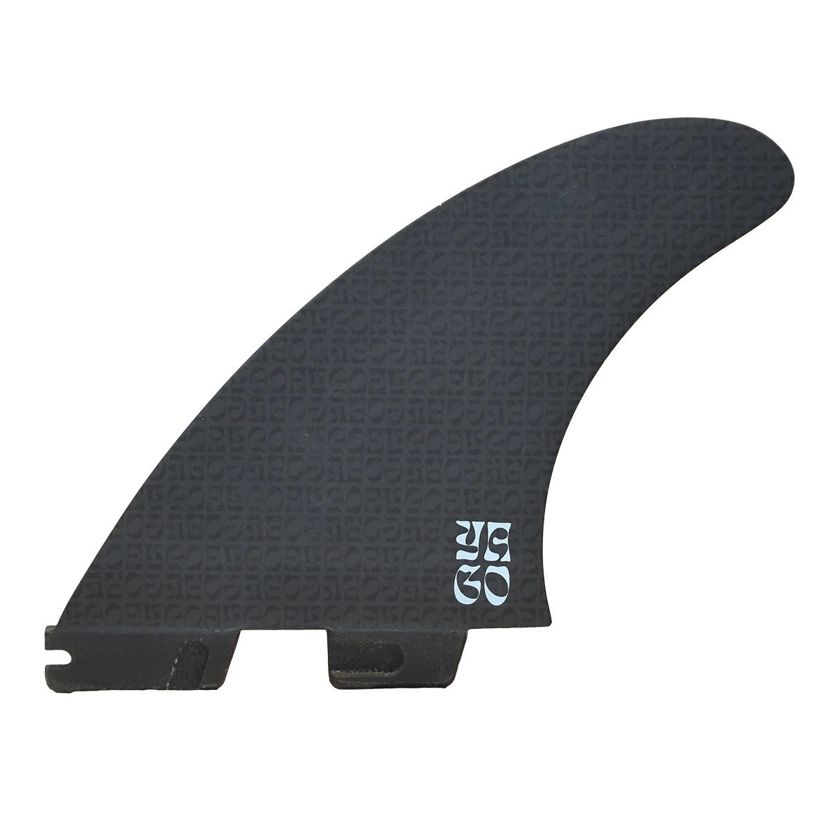 Black surfboard fin with a blue logo on a white background