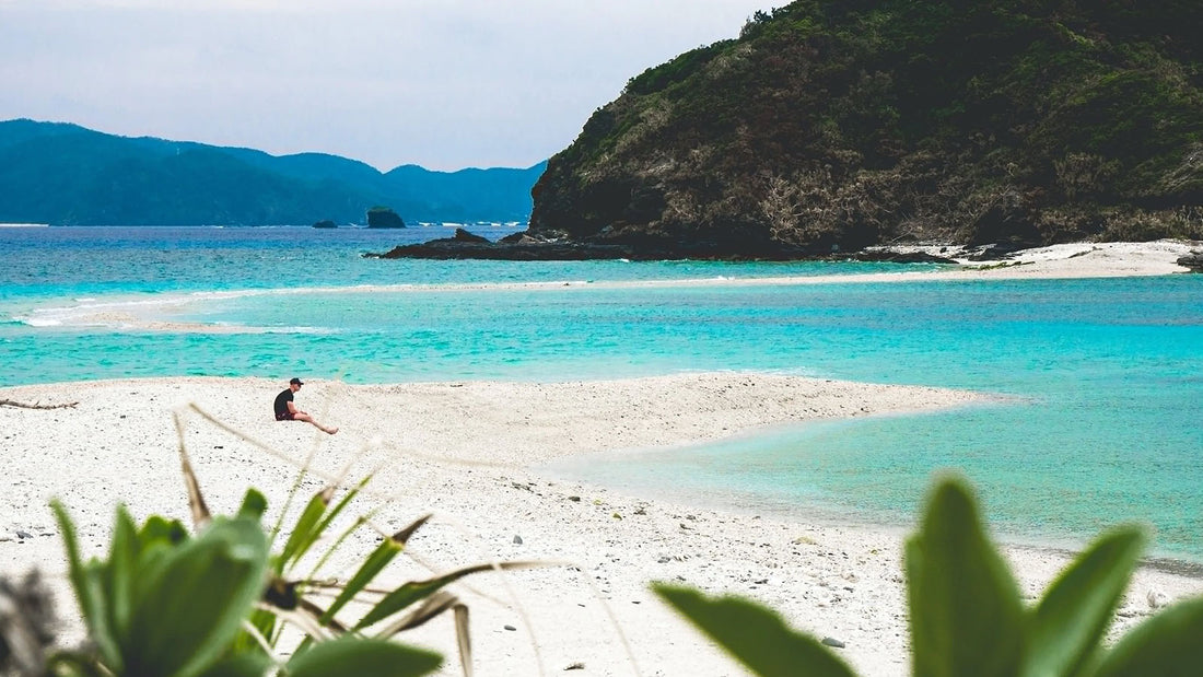surfer sitting on white sand beach