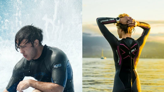 two triathletes in swimming wetsuits - text: Sleeveless vs Long Sleeve Wetsuits