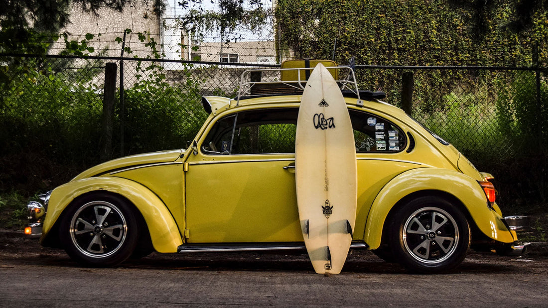 Surfboard Roof Racks on yellow VW Beetle Car