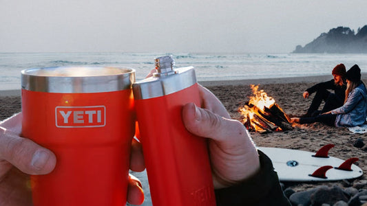 Yeti flask and cup with hot drink on the beach