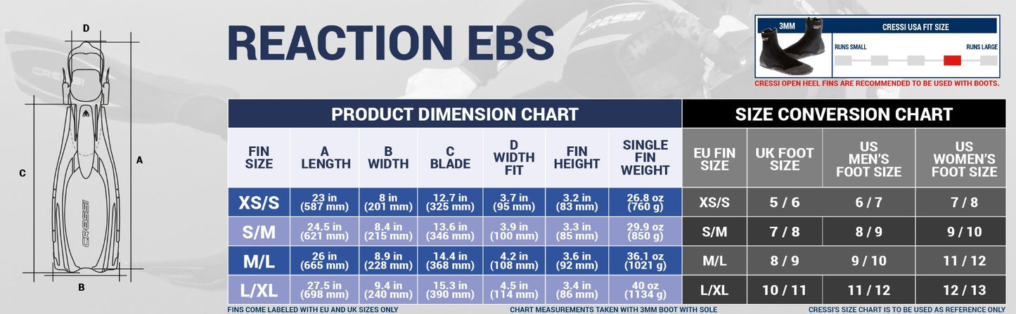 Cressi Reaction EBS Fins size chart