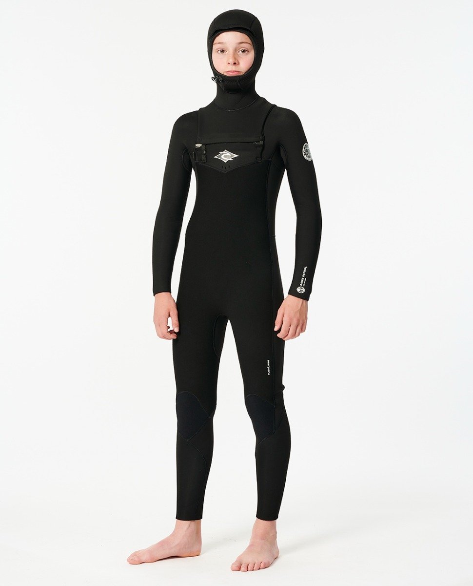 Rip Curl Junior Dawn Patrol 5/4mm Chest Zip Hooded Wetsuit - Black