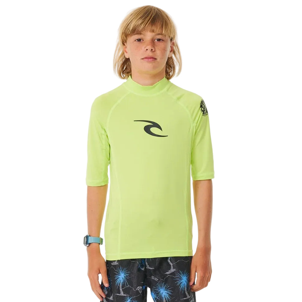 Rip Curl Brand Wave UPF Boys Short Sleeve Rash Vest - Lime