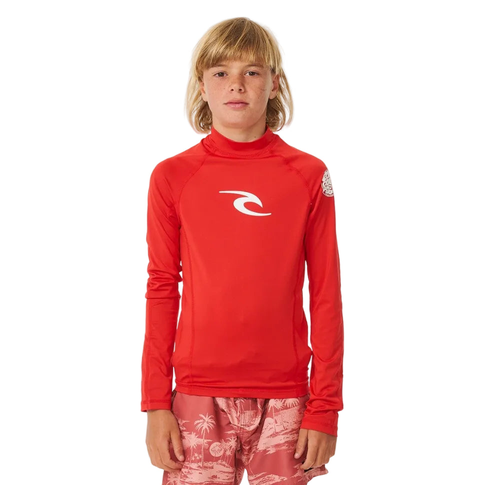 Rip Curl Brand Wave UPF Boys Long Sleeved Rash Vest - Red