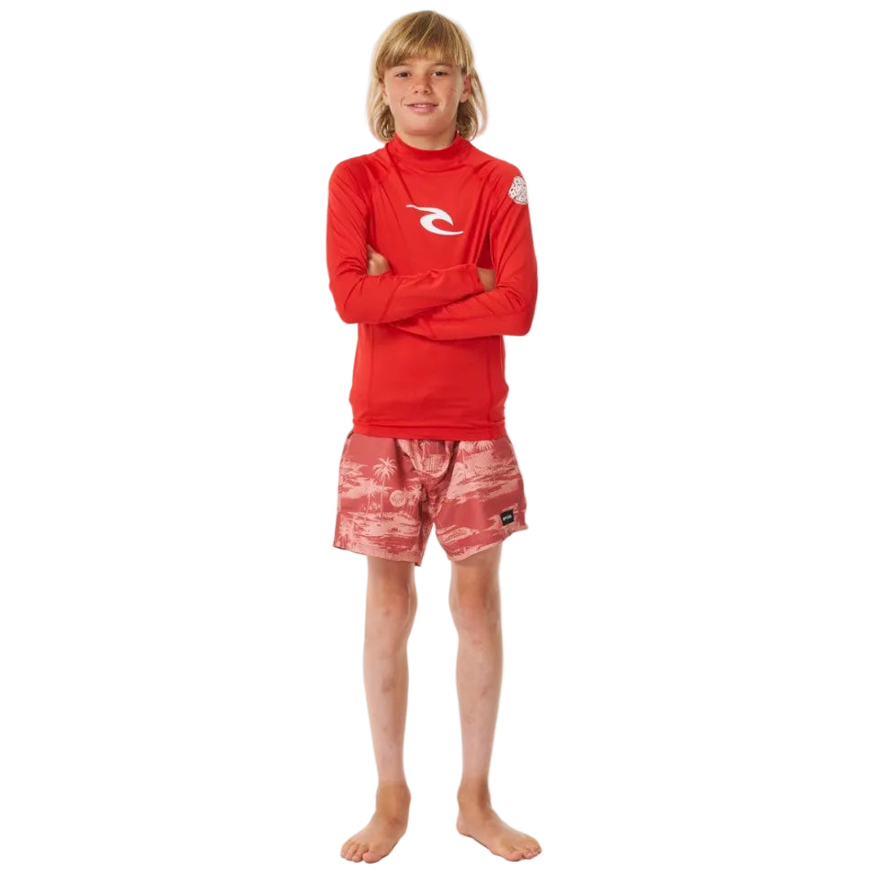 Rip Curl Brand Wave UPF Boys Long-Sleeved Rash Vest - Red