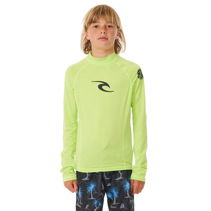 Rip Curl Brand Wave UPF Boys Long Sleeve Rash Vest - Lime