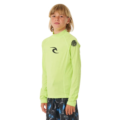 Rip Curl Brand Wave UPF Boys Long Sleeve Rash Vest - Lime