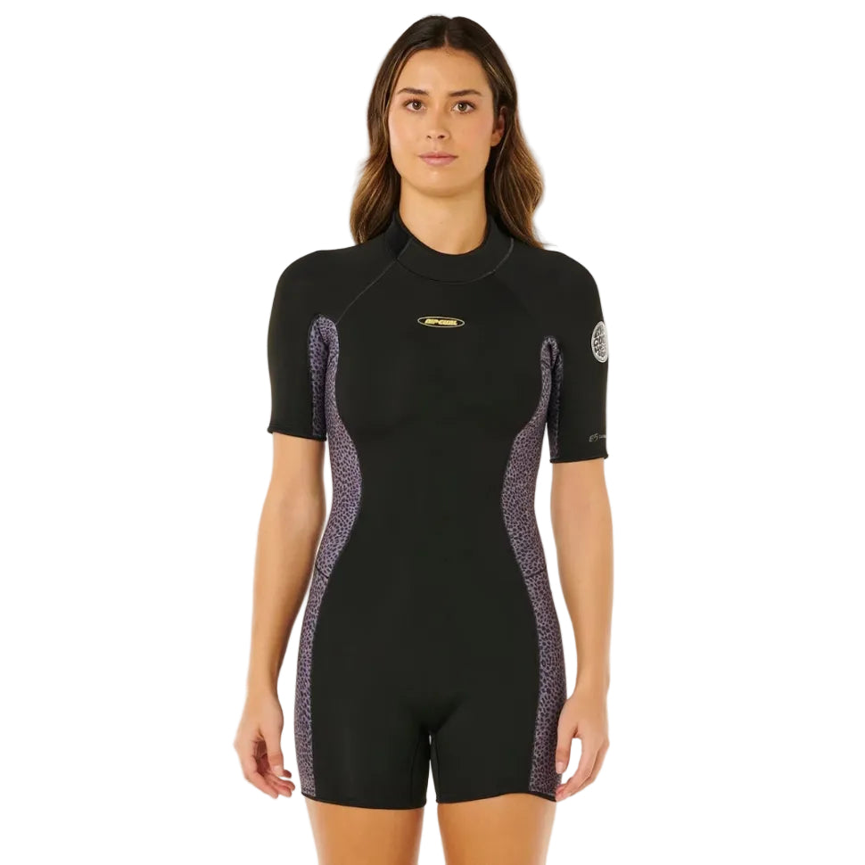 Womens shorty wetsuit in black with animal print on a white background