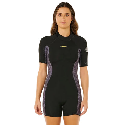 Womens shorty wetsuit in black with animal print on a white background