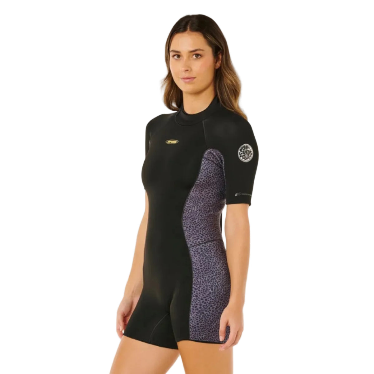 Womens shorty wetsuit in black with animal print on a white background