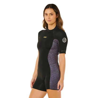 Womens shorty wetsuit in black with animal print on a white background