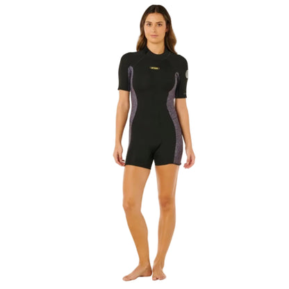 Womens shorty wetsuit in black with animal print on a white background