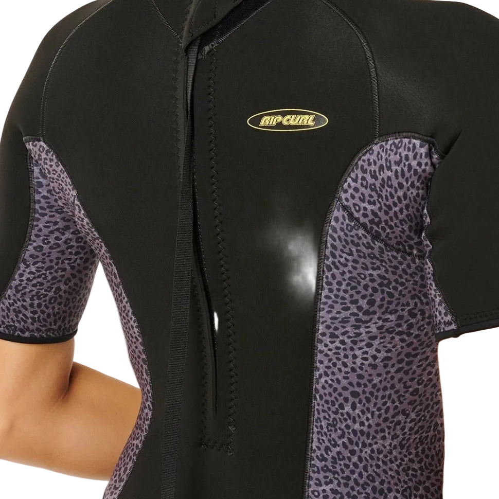 Womens shorty wetsuit in black with animal print on a white background