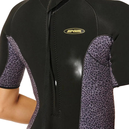 Womens shorty wetsuit in black with animal print on a white background