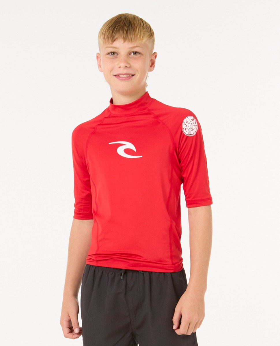 Rip Curl Brand Wave UPF Boys Short Sleeve Rash Vest - Red