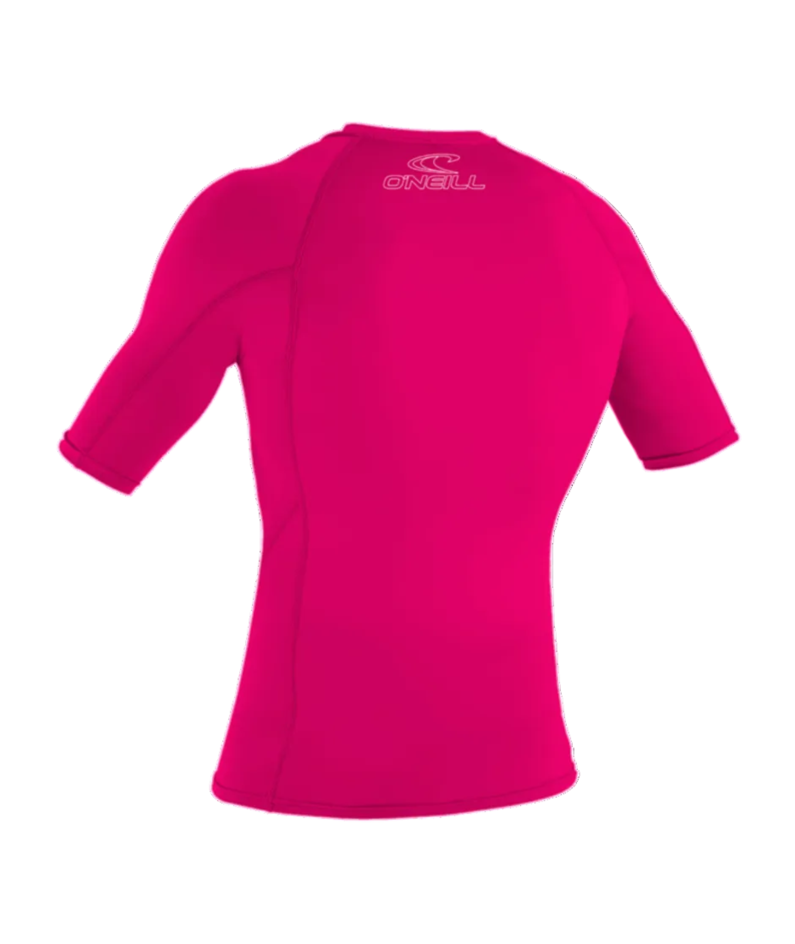 Kids short sleeve rash vest in pink with a white log on a white background.