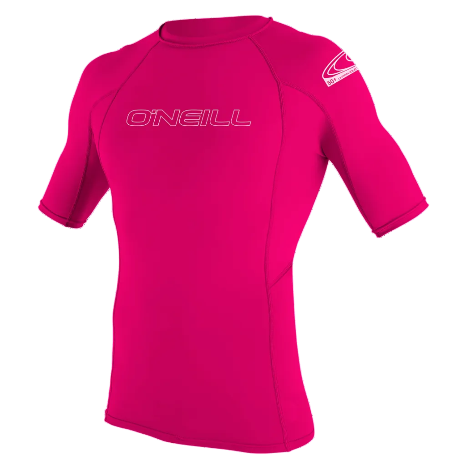 Kids short sleeve rash vest in pink with a white log on a white background.
