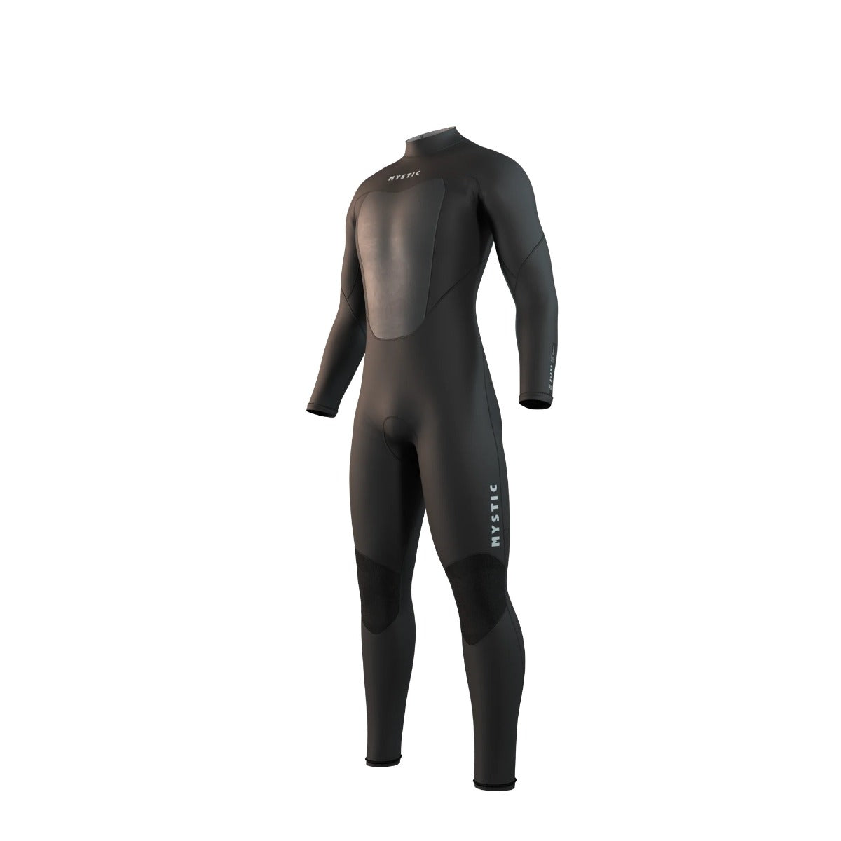 Mens back zip full wetsuit in black with a white logo on a white background.