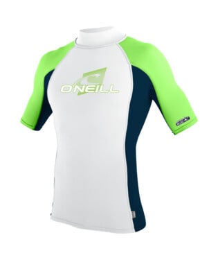 O'Neill Premium Skins Short Sleeve Turtleneck Men's Rash Guard in White/Abyss/Dayglo