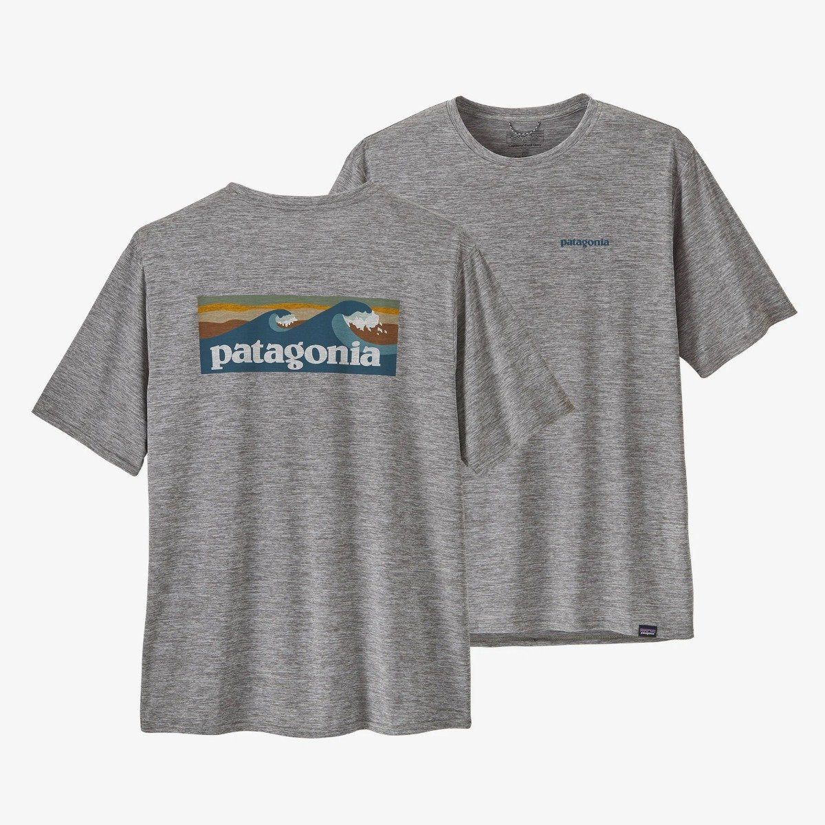 Patagonia Men's Capilene Cool Daily Waters Graphic Shirt in Boardshort Logo Abalone Blue: Feather Grey