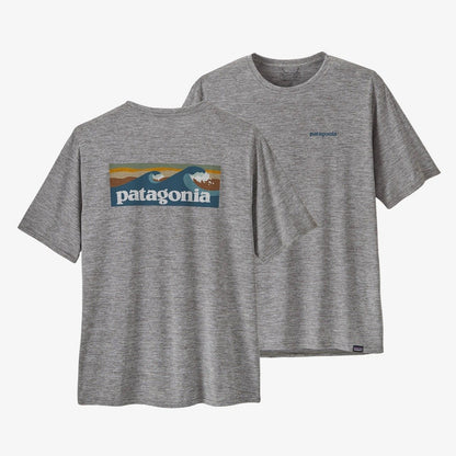 Patagonia Men's Capilene Cool Daily Waters Graphic Shirt in Boardshort Logo Abalone Blue: Feather Grey