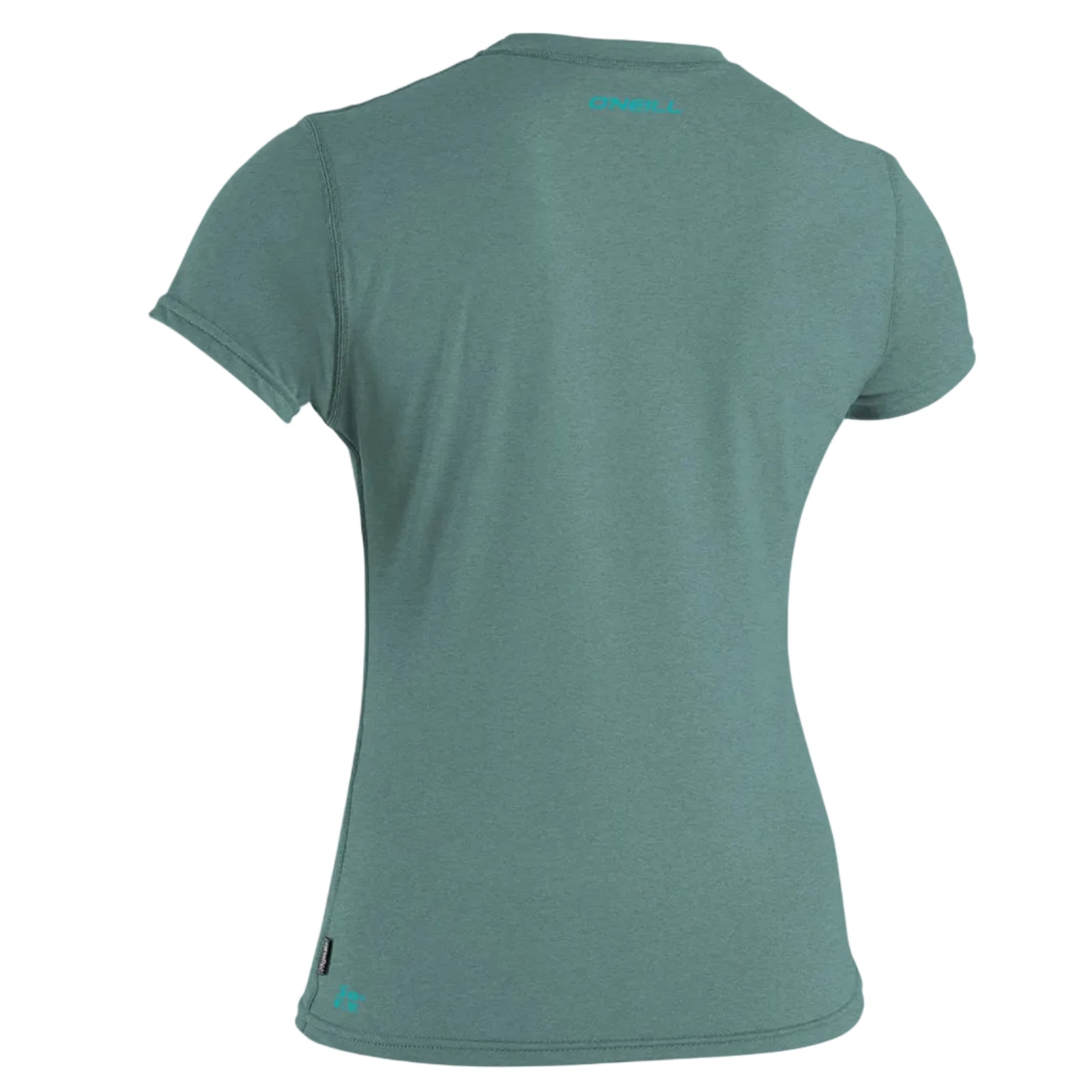 Back of womens sun shirt in green with turquoise logo on a white background.