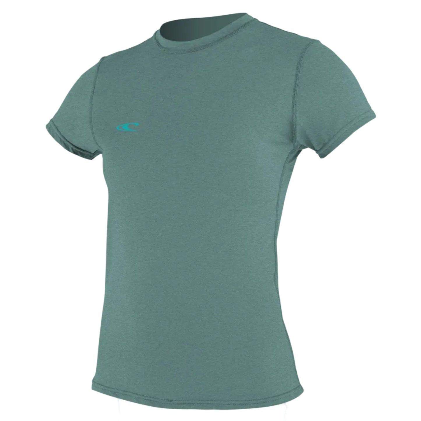 Womens sun shirt in green with turquoise logo on a white background.
