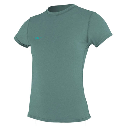 Womens sun shirt in green with turquoise logo on a white background.