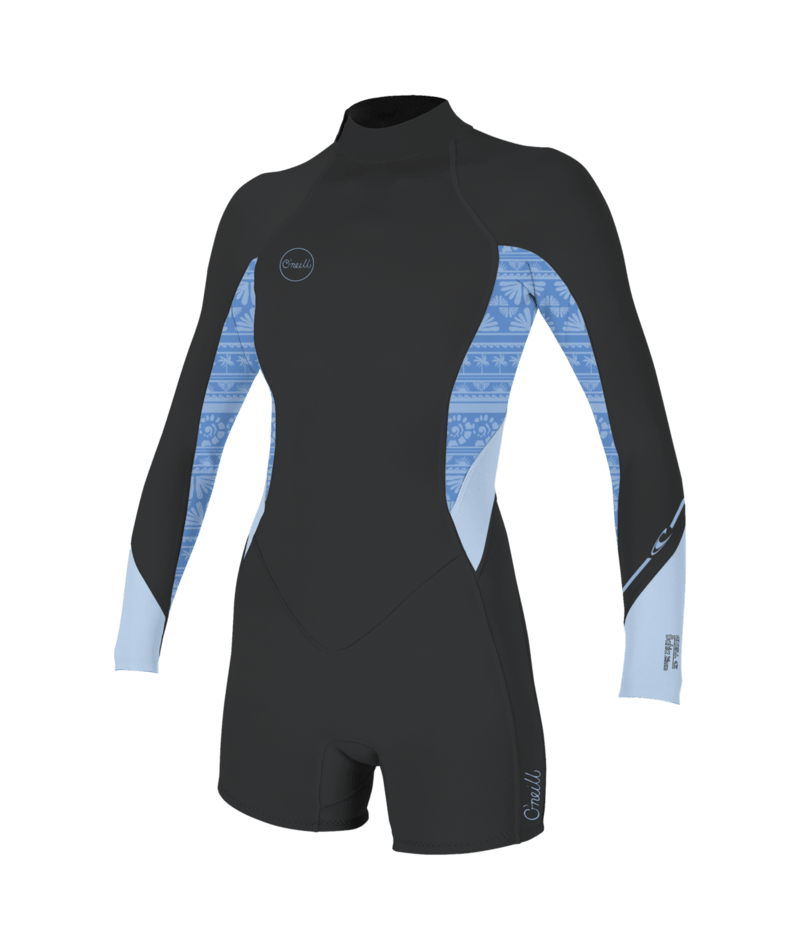 O'Neill Bahia 2/1mm Womens Back Zip Long Sleeve Shorty Wetsuit - Tempered Steel/Surf Abstract/Chambray Blue