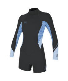 O'Neill Bahia 2/1mm Womens Back Zip Long Sleeve Shorty Wetsuit - Tempered Steel/Surf Abstract/Chambray Blue
