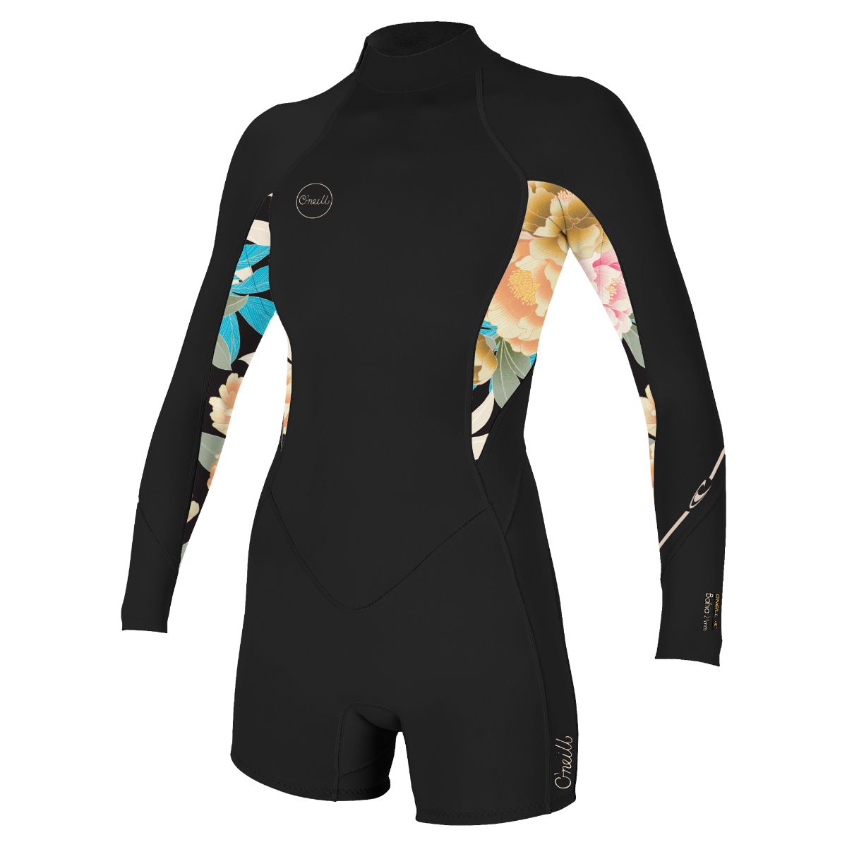 O'Neill Bahia 2/1mm Womens Back Zip Long Arm Shorty - Black / Mikah Floral