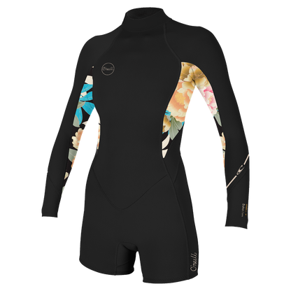 O'Neill Bahia 2/1mm Womens Back Zip Long Arm Shorty - Black / Mikah Floral