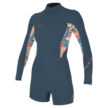 O'Neill Bahia 2/1mm Womens Back Zip Long Arm Shorty - Copenblu / Painted Tropics